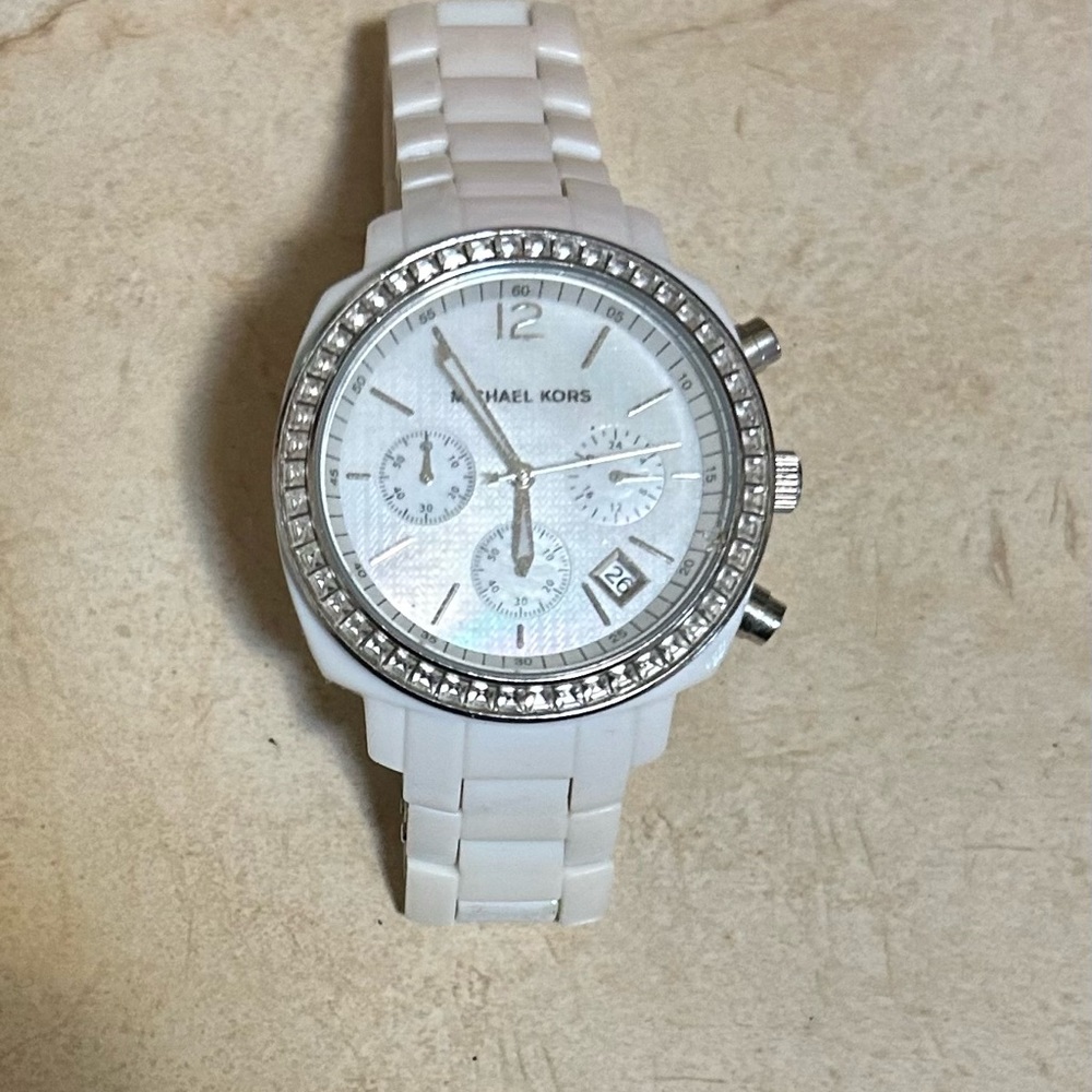 Michael Kors Ivory/White Chronograph Stainless Steel Crystal Bezel Watch